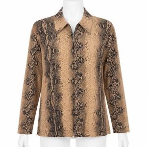 Clara S Snakeskin Blouse Size Large Brown Gold Metallic Quarter Zip Pullover Top
